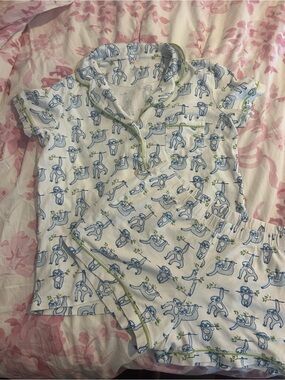 Roller Rabbit White Pajama Set with Blue Sloth Print and Lime Trim
